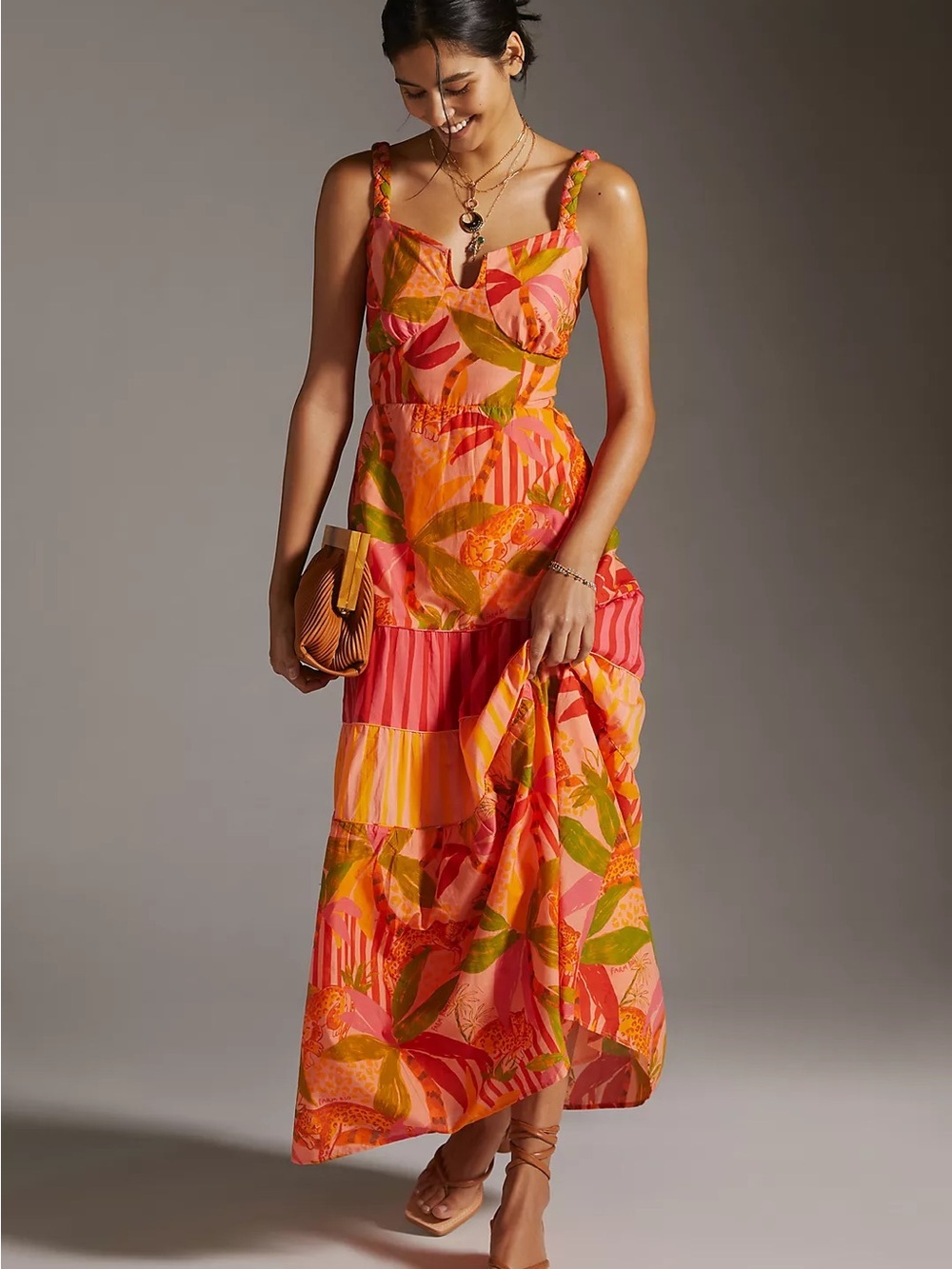 FARM RIO by Anthropology Vibrant Pink & Orange Floral Maxi Dress NWT Size XXS